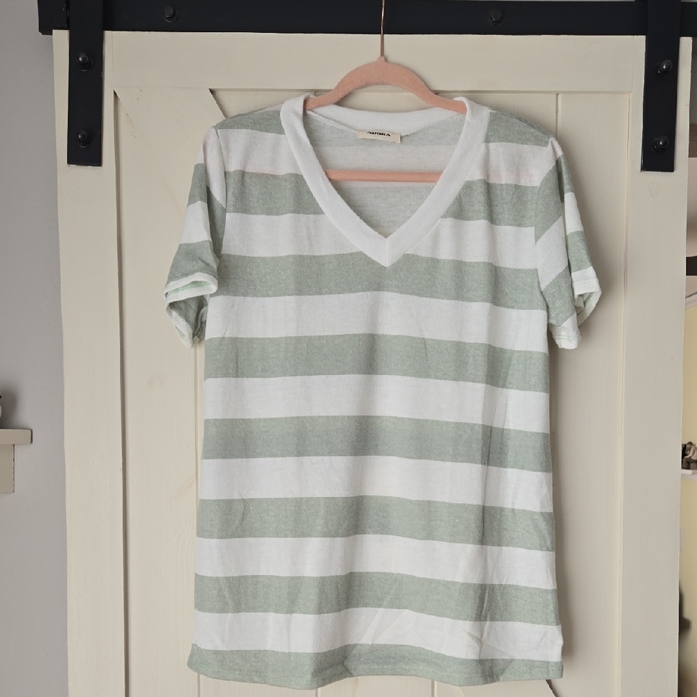 ADORA Sage and White Striped V-Neck Tee